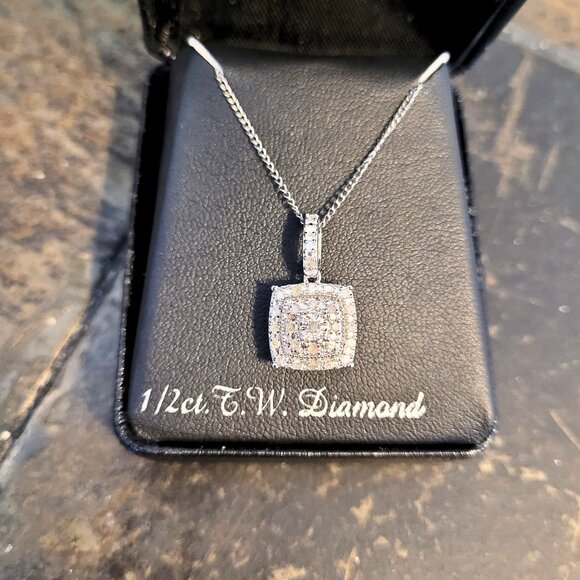 Sterling Silver 1/2 ct. T.W. Diamond Square Pendant Necklace 18"in - Picture 1 of 5